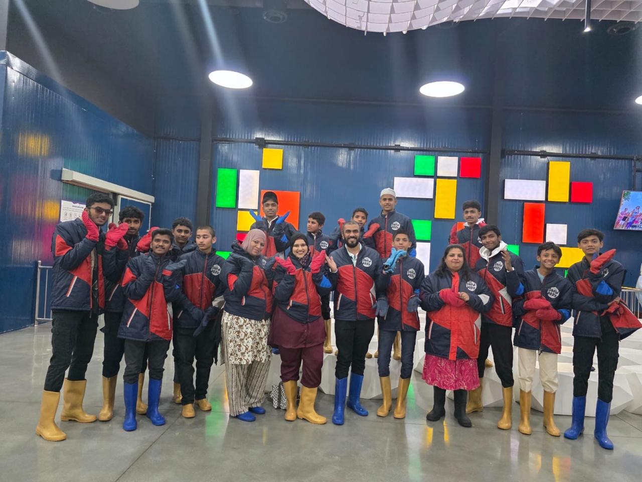 Students in winter gear at a snow park